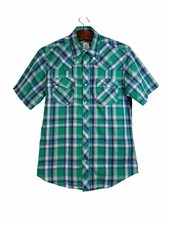 Vintage 90s Wrangler Western Shirt Blue  Green Plaid Pearl Snaps Men's Size M