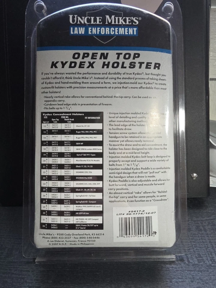 Uncle Mike's Law Enforcement Open Top Kydex Holster: 5417-2, Size 17, Left Hand - Image 2 of 4