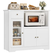 Stylish White Microwave Cabinet with Hutch, Adjustable Shelves & Drawer