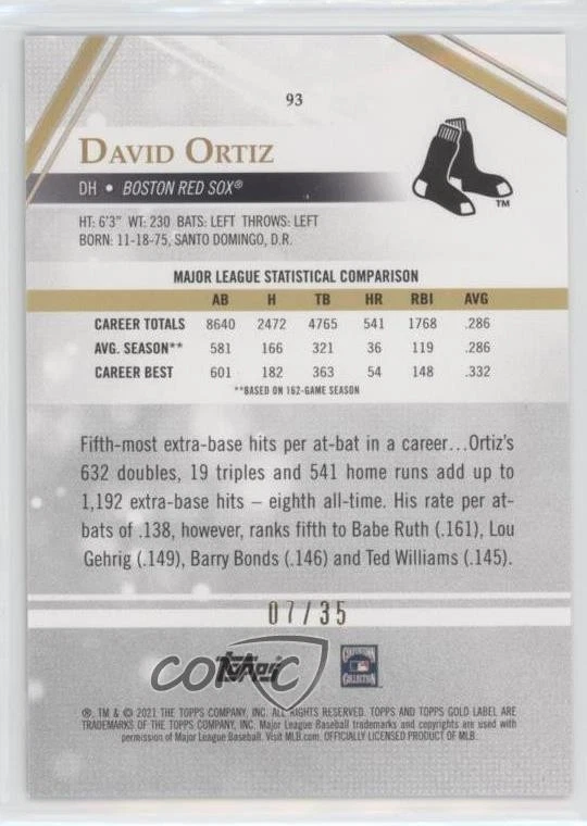2021 Topps Gold Label Class 3 Purple /35 David Ortiz #93 HOF - Image 2 of 2