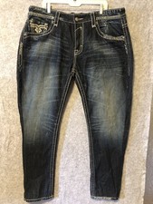 Rock Revival Men Jeans 40x31 Richie Relax Straight Fleur-De-Lis Flap Buckle VTG