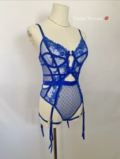 FLORAL EMBROIDERED MESH UNDERWIRE THONG TEDDY BODYSUIT  GARTERS IN COBALT BLUE