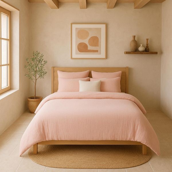 Housse de couette 220x240 cm en gaze de coton lavé coloris rose lotus