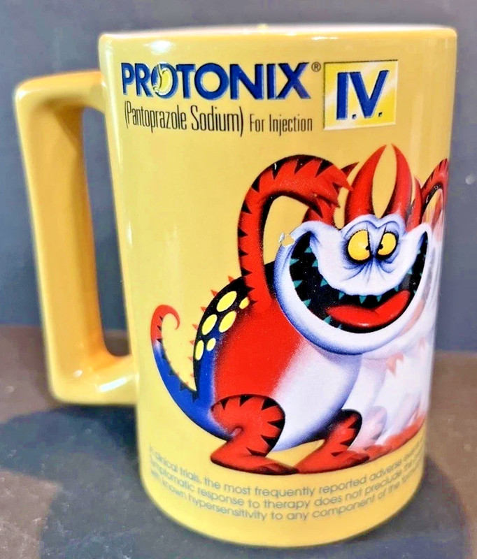 Protonix IV Coffee Cup Mug Heartburn Monsters Drug Rep Pharma Advertising