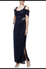 Alex Evenings Short Sleeve Cold Shoulder Cowl Neck Side Brooch Gown Size 12