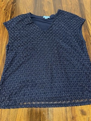 CeCe Navy Lace Silver Metallic V-Neck Lined Cap Sleeve Blouse L Women Career