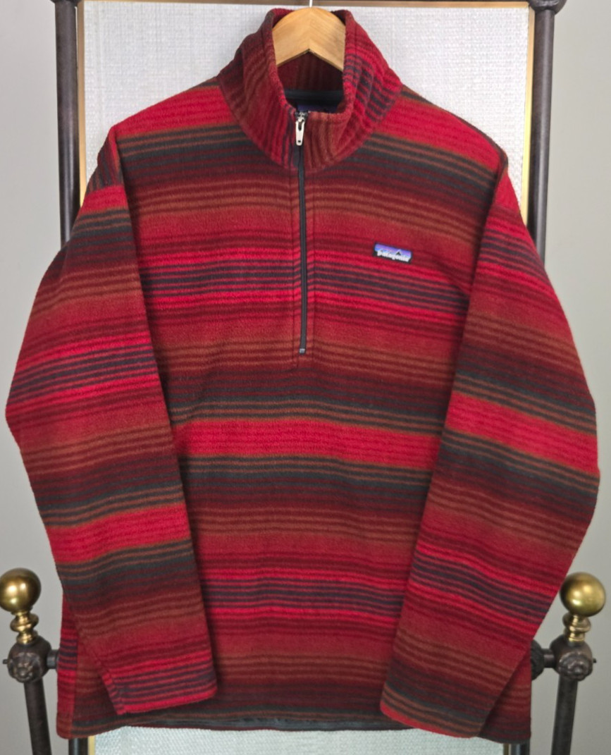 PATAGONIA VTG 1999 Mens Medium Made in USA Red Serape Stripe Fleece 1/4 Zip
