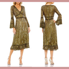 NWT Mac Duggal [ 4 ] 5591 Embellished 3/4 Sleeve V-Neck A Line Dress Olive S1568