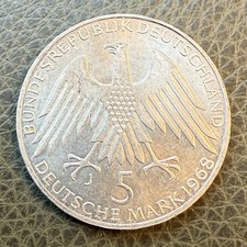 1968-J Germany Federal Republic 5 Mark Silver Coin Friedrich Wilhelm Raiffeisen