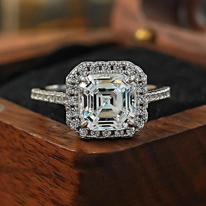 Anillo de plata 925 con diamantes tratados blancos solitario de corte Asscher...