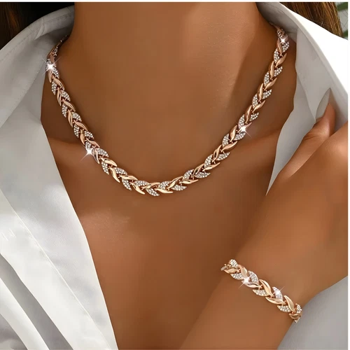 Rhinestone Pave Jewelry Gift Set Leaf Link Necklace Bracelet Women Ladies UK NEW - Picture 1 of 8