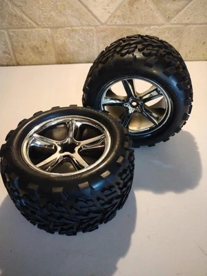 Traxxas Pre-Mounted Talon Tires w/ 3.8" Gemini Wheels (2) Chrome NEW - Image 1 of 4