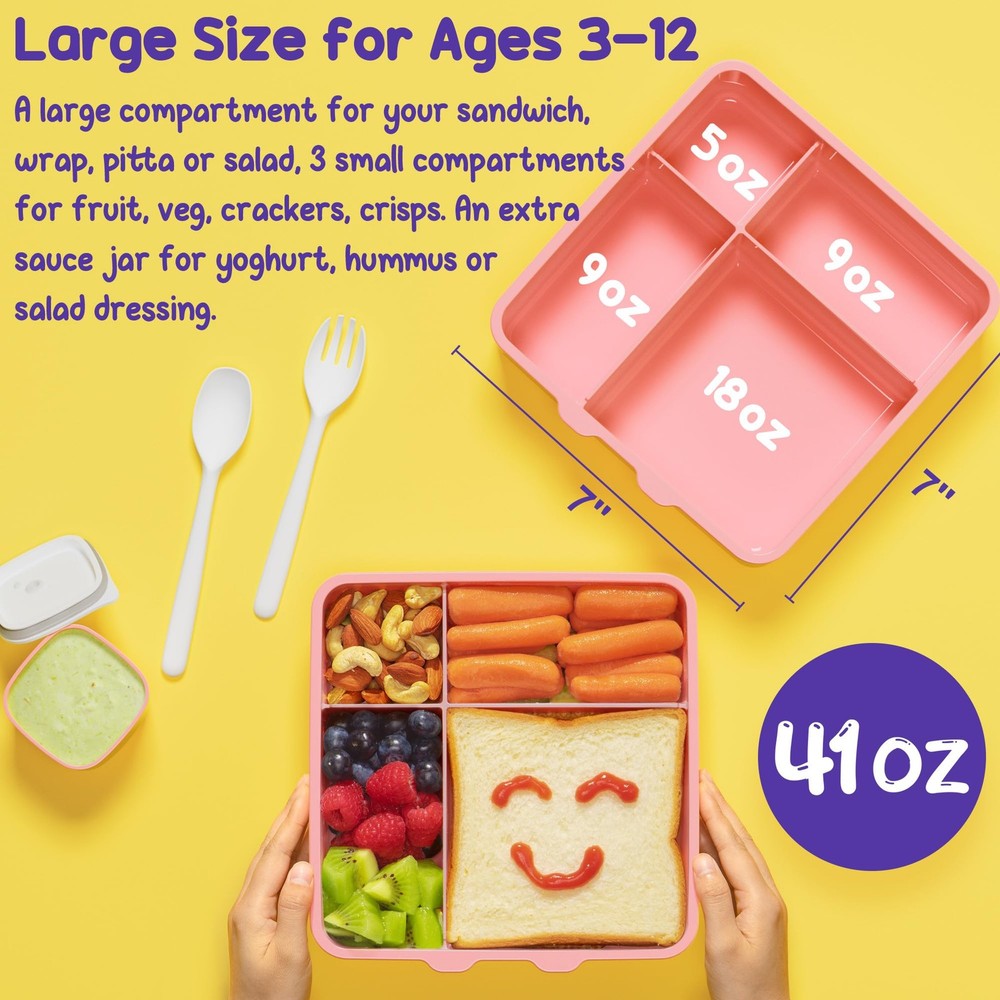 Kids Leak-Proof 4-Compartment Bento Lunch Box for Toddlers BPA-Free