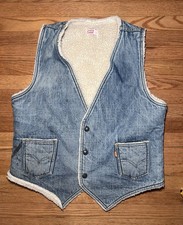 Vintage Levi  s Sherpa Orange Tab Denim Vest Size L Distressed Made In USA