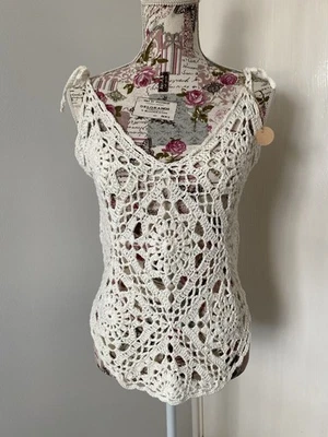 New Handmade Soft Cotton Crochet Top Cream Adjustable Tie Straps Boho Festival - Image 1 of 4