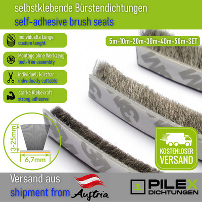 3M Bürstendichtung Dichtungsbürste selbstklebend Türdichtung 3mm - 25mm GRAU
