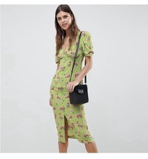 ASOS DESIGN Button Front Floral Midi Dress Short Sleeve Green Size 10 Fairy NEW