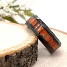 Wooden Inlay Polished Edges Ring Black Tungsten 8MM Stylish Band For Christmas