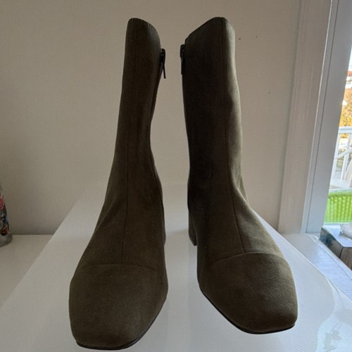Olive Suede Block Heel Ankle Bootie Square Toe Zip Closure Women's Boots