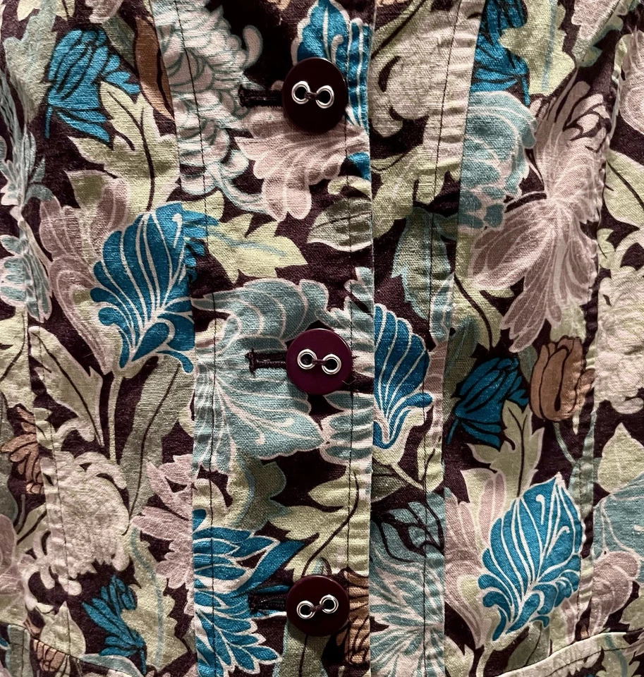 Blazer RQT Lino Tropical Floral Para Mujer 12 Azul Tostado Verde Resort Playa Crucero Foto 2 de 4