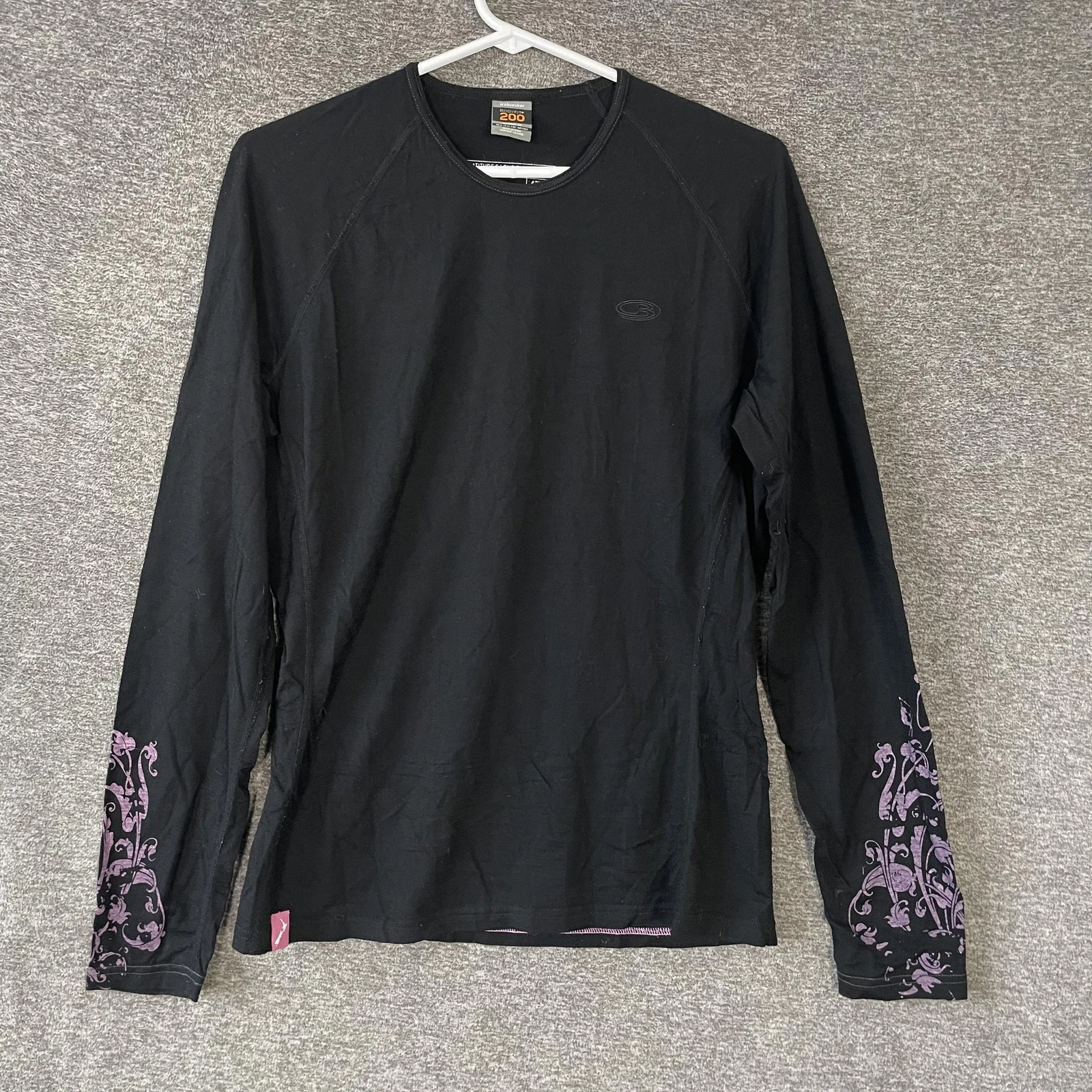 Icebreaker Bodyfit 200 Shirt Womens XL Black Merino Wool Long Sleeve Floral