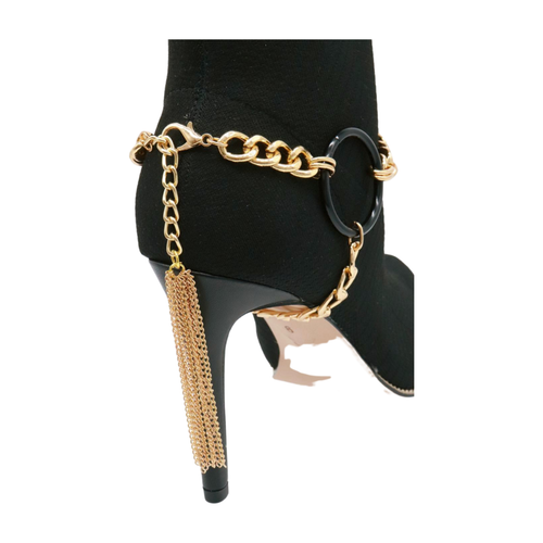 Chaîne femme métal doré 2 bottes bracelet chaussure cercle noir breloque gland moto - Photo 23/24