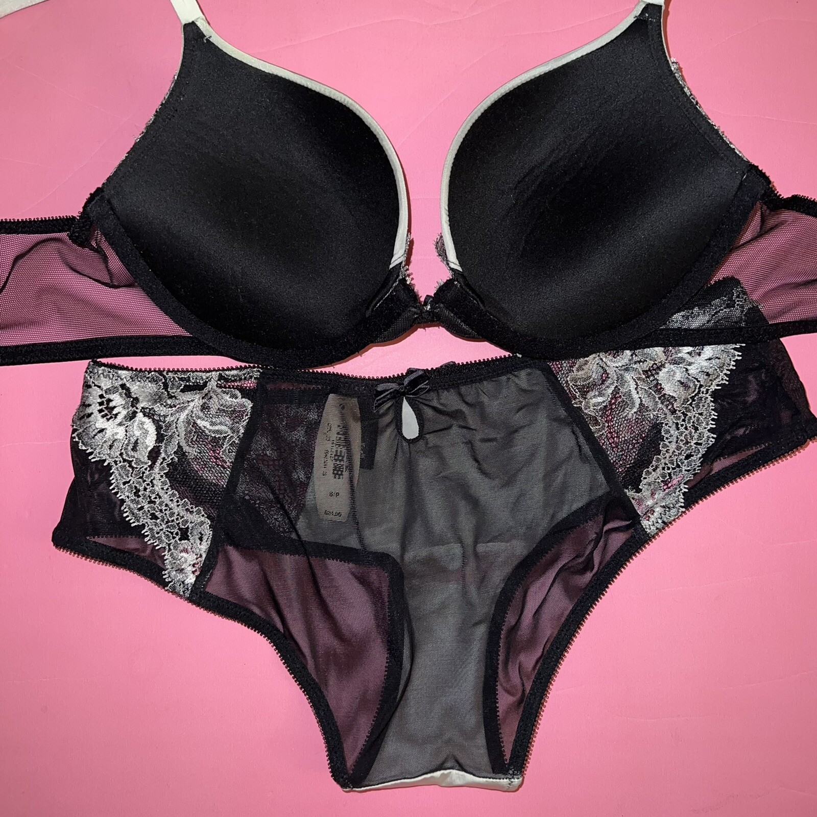 Victoria's Secret 32C BRA SET+GARTER SLIP gray BLACK WHITE floral lace VERY SEXY image 9
