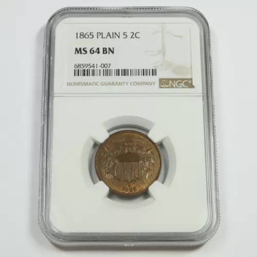 1865 NGC MS64 BN - Plain 5 - Two Cent Piece - 2c US Coin #48223A