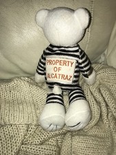 PROPERTY OF ALCATRAZ TEDDY BEAR BEAN BAG PLUSH PRISON UNIFORM METAL HANDCUFFS