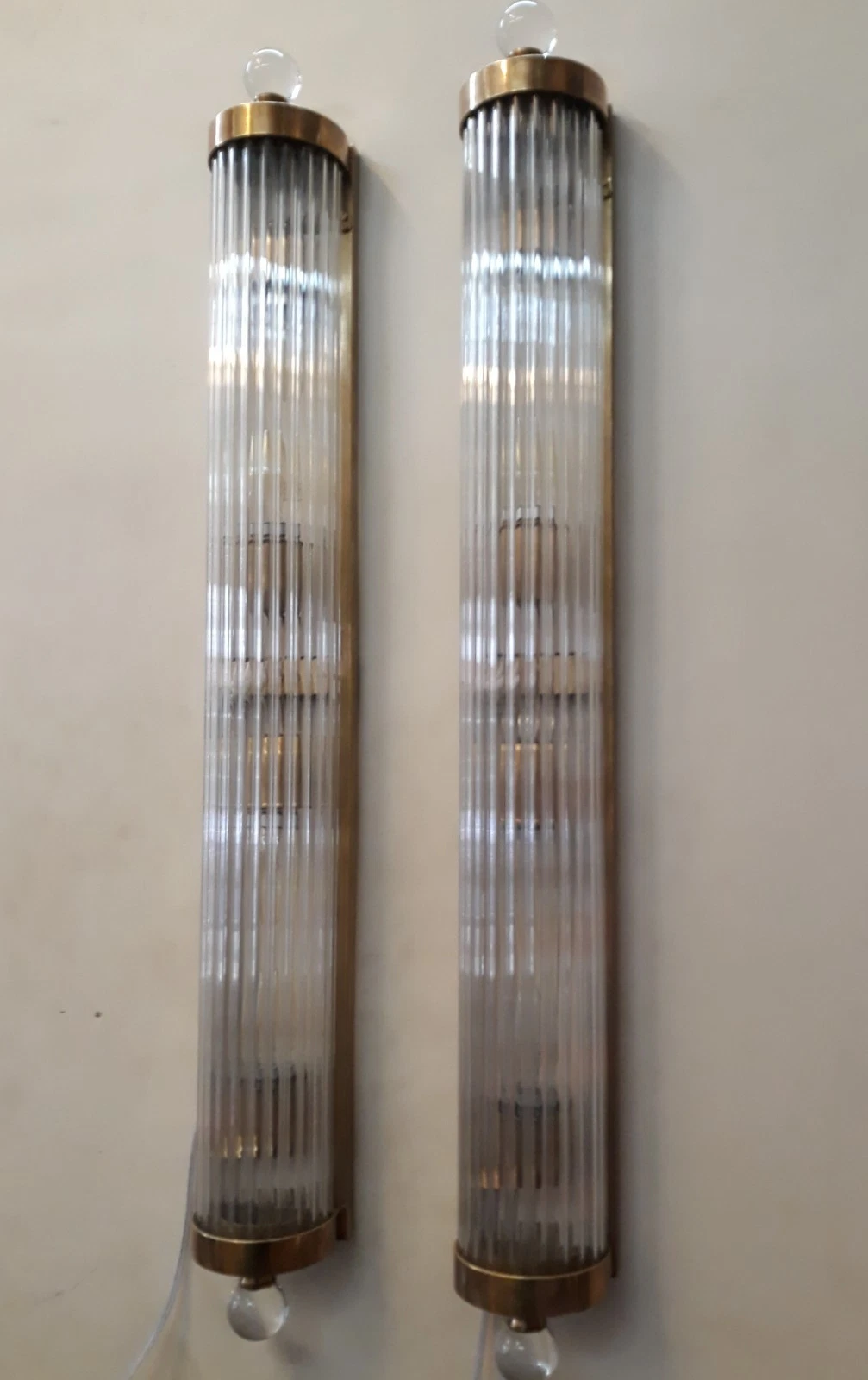 Pair Large Antique Vintage Art Deco Brass & Glass Ship 4 Light Wall Sconces Lamp