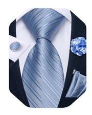 Mens Tie and Lapel Pin Set Silk Paisley Solid Striped Necktie Dusty Blue