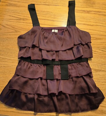 LC Lauren Conrad S Burgundy Multi Layer Tier Ruffle Sleeveless Ribbon Strap Top