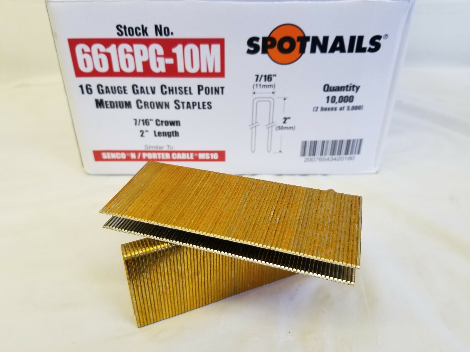Spotnails 6616PG 16 Gauge 2" Leg x 7/16" Medium Crown Staples 10,000