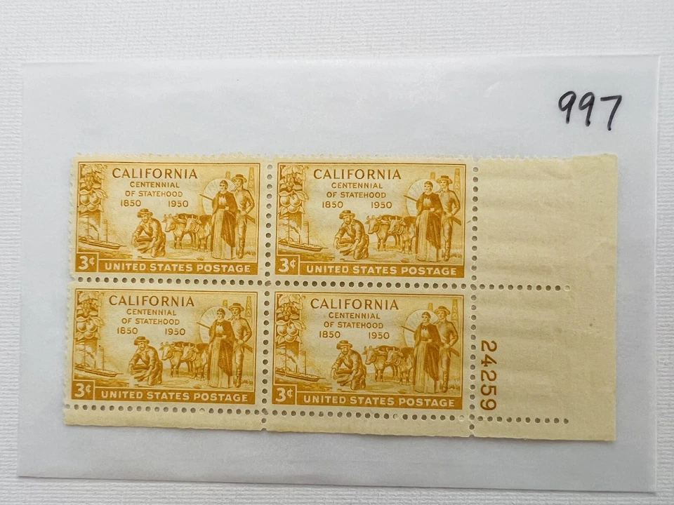 US Scott 997 1950 3c California Statehood Plate Block VF MNH Original Gum - Image 3 of 4