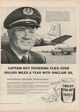 1957 Sinclair Motor Oil Vintage Print Ad Airline Pilot Captain Roy Dinosaur Car