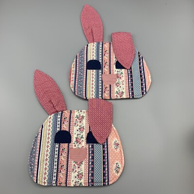 Adorable Pair of Bunny Potholders Easter Decoration Handmade Floral Granny Core