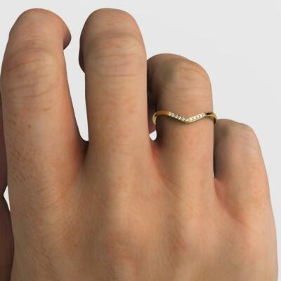 Curved Diamond Wedding Band / 14k Gold Diamond Chevron Stacking Ring / Diamond 