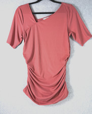Nine West Womens Top Short Sleeve Ruched Sides Lg Terracotta Side V-Neck Pre-Own