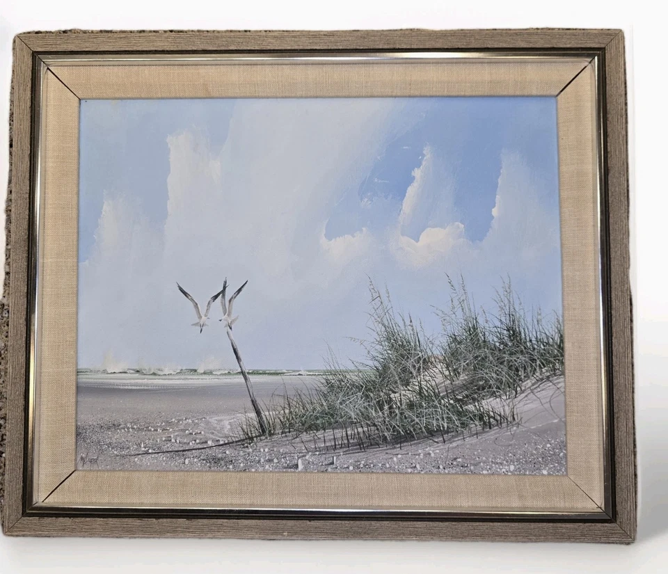 Pintura original assinada por Rex Duggar óleo sobre tela paisagem marítima 17x14" emoldurada fosca - Imagem 2 de 4