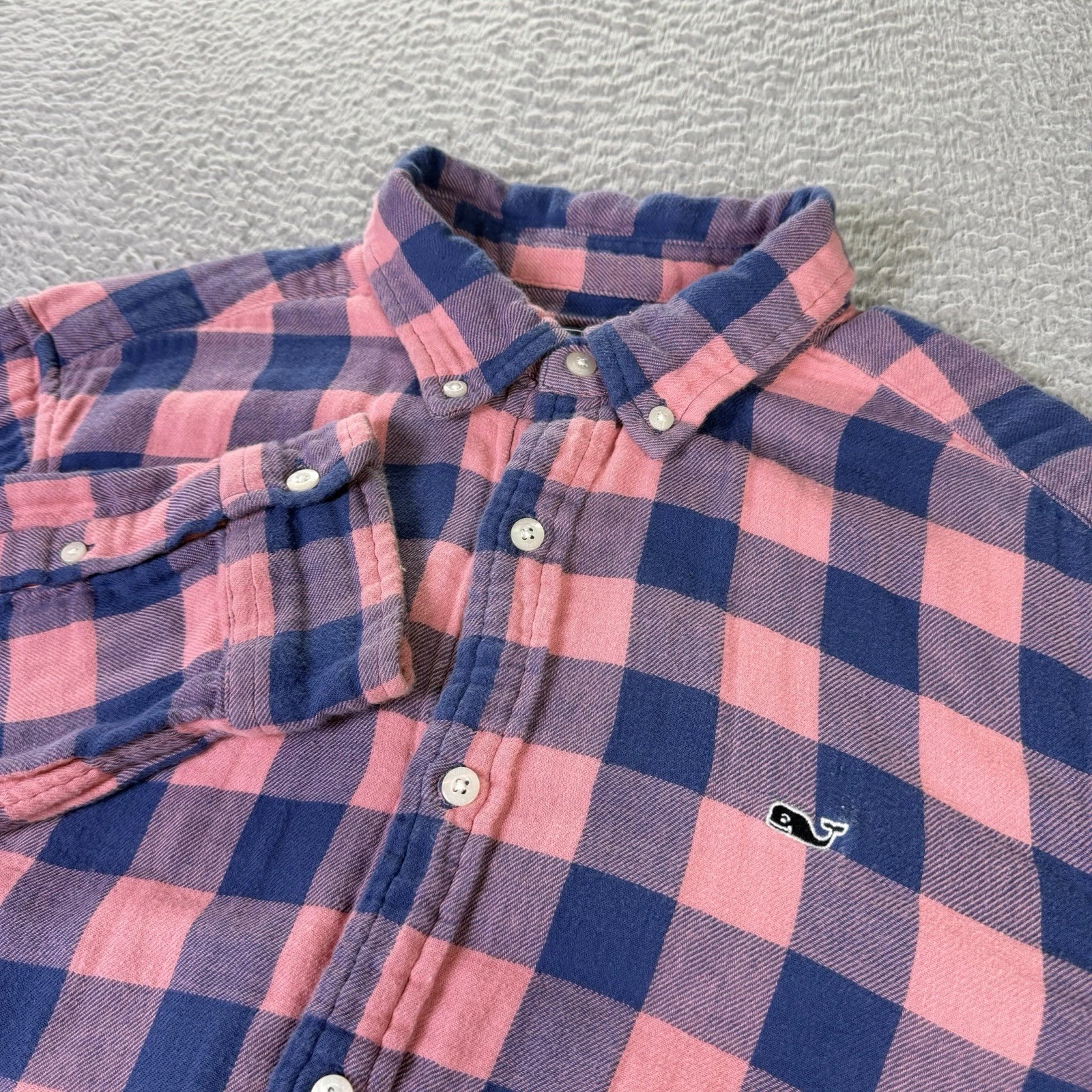Vineyard Vines Whale Shirt Mens Large Blue Pink Plaid Flannel Button Outdoors