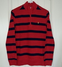 Polo Ralph Lauren Boys Large 14-16 Red Blue Striped 1/4 Zip Sweater Pullover NEW