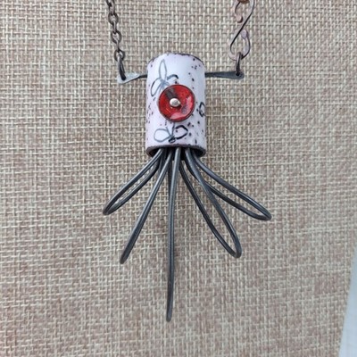 Enamel Metal Artisan Art Necklace Modernist Octopus Starburst 18''