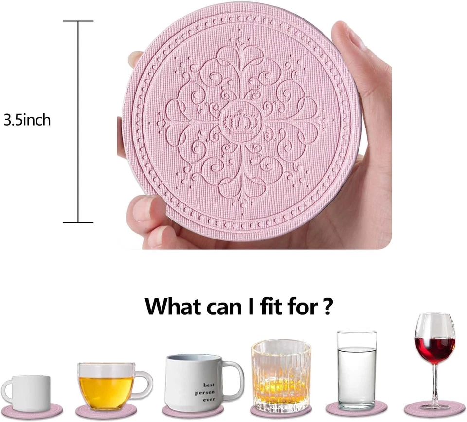 Set Di 4 Sottobicchieri Rotondi in Pelle PU per Bevande Con Supporto, Rosa Fatti - Immagine 2 di 4