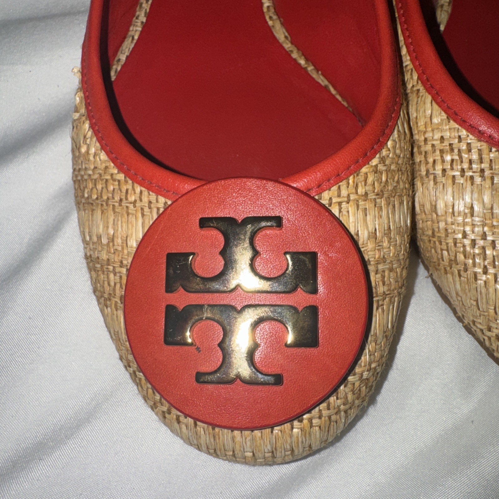 TORY BURCH Reva Ballet Flats Raffia Straw Red Leather Gold Logo Size 9M thumbnail 2