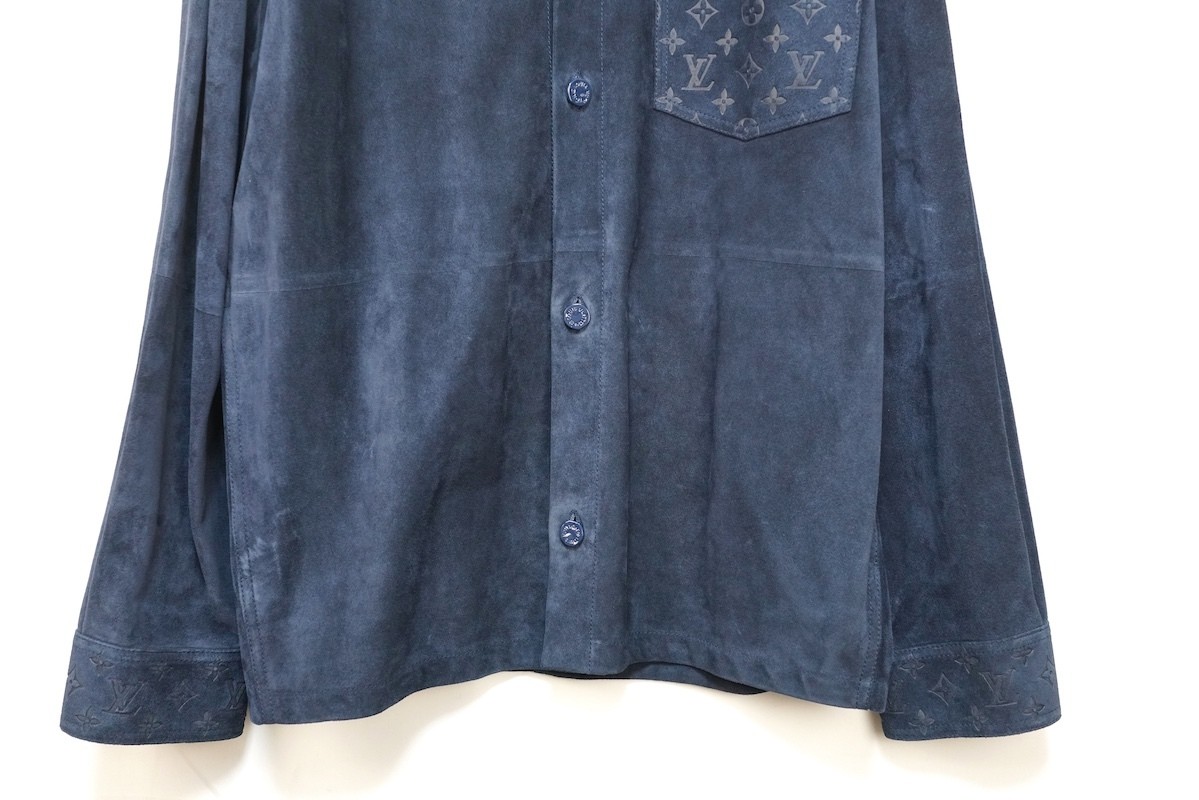 LOUIS VUITTON Suede Leather Shirt Jacket Partial Embroidery Monogram Navy 52 image 3