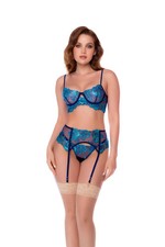 Mapale Midnight Bloom Embroidered Bra, Thong  Garter Belt Set Size S/M