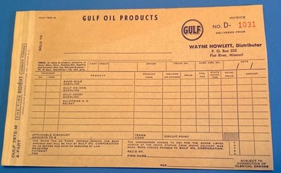 1950's Gulf Gasoline Invoice Form, Distributor to Gas Stations No-Nox Gulfpride