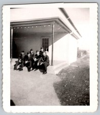 Vtg B W Snapshot Group Of Men In Military Uniforms Sitting On Porch WW2 1940s