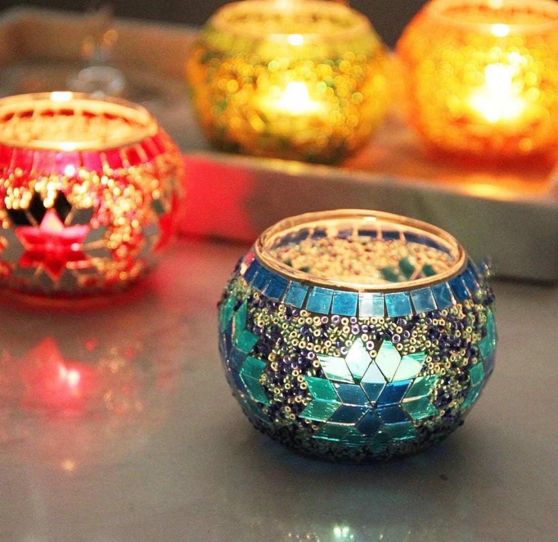Mosaic Candle Holder Set of 4, Diwali Decoration for Home, Handmade Mosaic Glass