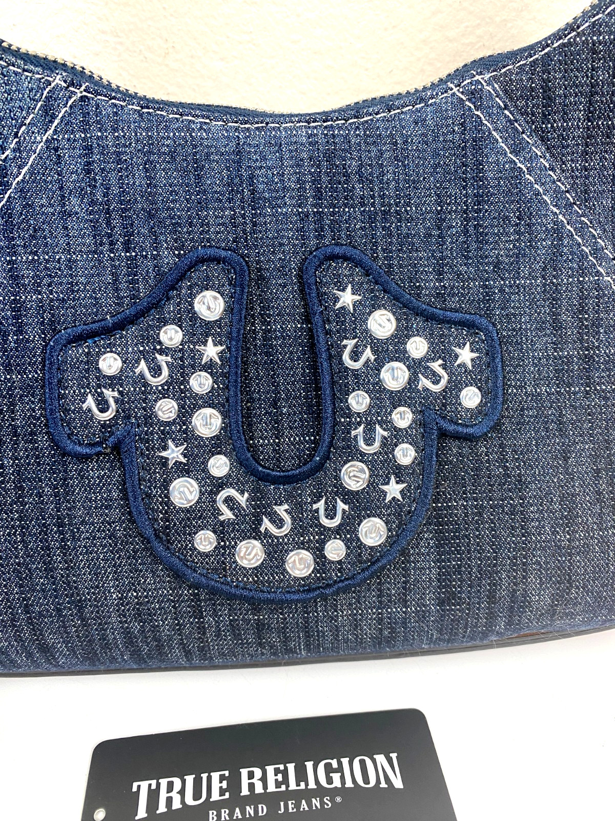 New TRUE RELIGION Blue Denim Raised Horseshoe Hobo Shoulder Bag Studds 14" x 9" thumbnail 8